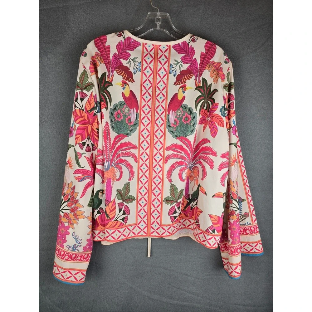 Women's Cardigan Blouse 2XL Cream Tropical Toucan Tie Front Boho Relaxed Fit